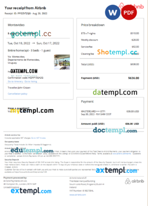 editable template, Uruguay Airbnb booking confirmation Word and PDF template