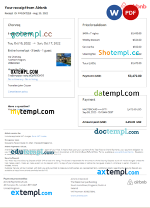 editable template, Uzbekistan Airbnb booking confirmation Word and PDF template