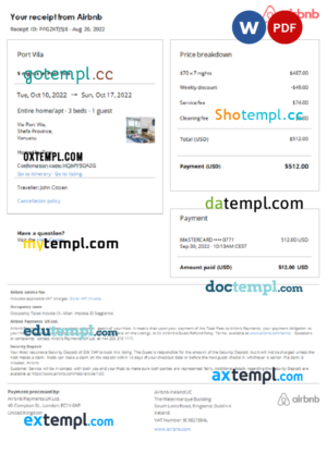 editable template, Vanuatu Airbnb booking confirmation Word and PDF template