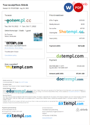 editable template, Venezuela Airbnb booking confirmation Word and PDF template