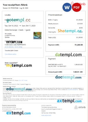 editable template, Zambia Airbnb booking confirmation Word and PDF template