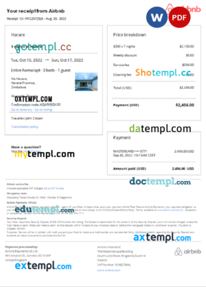 editable template, Zimbabwe Airbnb booking confirmation Word and PDF template