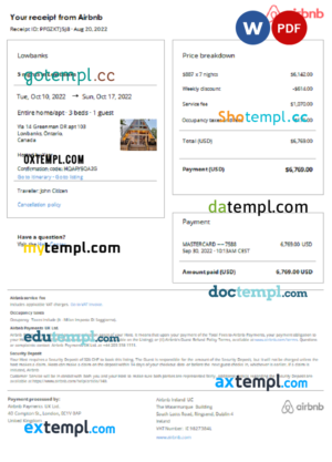 editable template, Canada Airbnb booking confirmation Word and PDF template