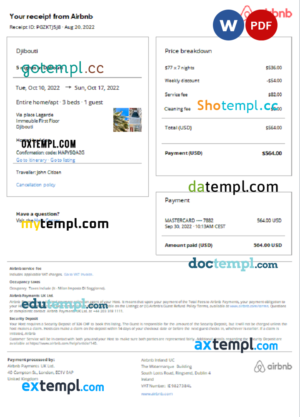editable template, Djibouti Airbnb booking confirmation Word and PDF template