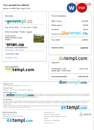 editable template, Ecuador Airbnb booking confirmation Word and PDF template