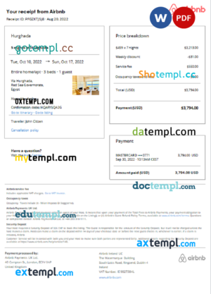 editable template, Egypt Airbnb booking confirmation Word and PDF template