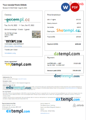 editable template, Benin Airbnb booking confirmation Word and PDF template