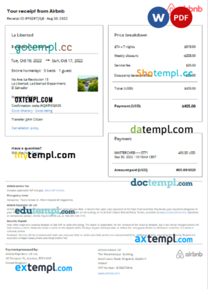 editable template, El Salvador Airbnb reservation confirmation Word and PDF template