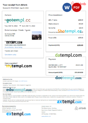 editable template, Eritrea Airbnb booking confirmation Word and PDF template