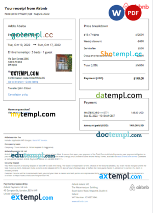 editable template, Ethiopia Airbnb booking confirmation Word and PDF template
