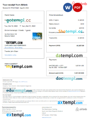 editable template, Gabon Airbnb booking confirmation Word and PDF template