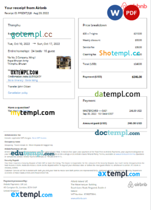 editable template, Bhutan Airbnb booking confirmation Word and PDF template