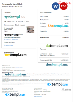 editable template, Belgium Airbnb booking confirmation Word and PDF template