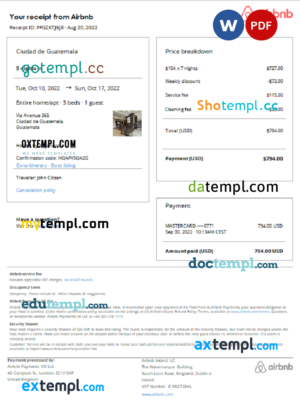 editable template, Guatemala Airbnb booking confirmation Word and PDF template