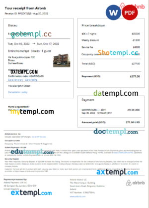 editable template, Guinea-Bissau Airbnb booking confirmation Word and PDF template