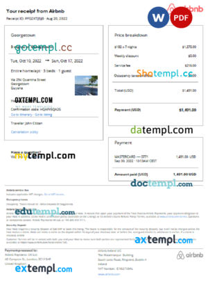 editable template, Guyana Airbnb booking confirmation Word and PDF template