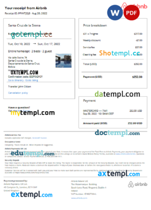 editable template, Bolivia Airbnb booking confirmation Word and PDF template