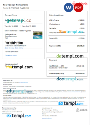 editable template, Haiti Airbnb booking confirmation Word and PDF template