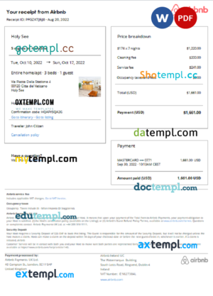 editable template, Holy See Airbnb booking confirmation Word and PDF template