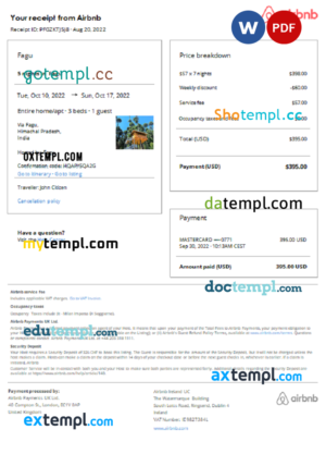 editable template, India Airbnb booking confirmation Word and PDF template