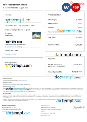 editable template, Japan Airbnb booking confirmation Word and PDF template