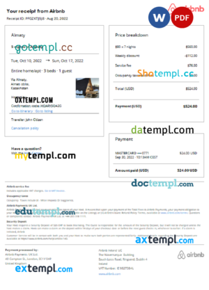 editable template, Kazakhstan Airbnb booking confirmation Word and PDF template