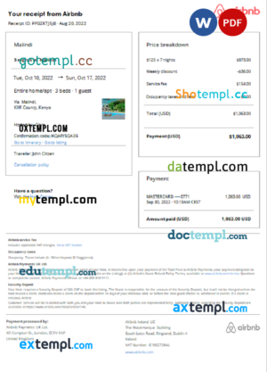 editable template, Kenya Airbnb booking confirmation Word and PDF template