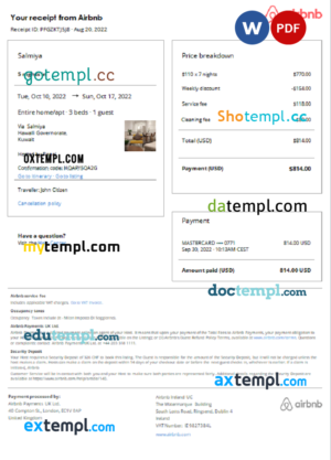 editable template, Kuwait Airbnb booking confirmation Word and PDF template