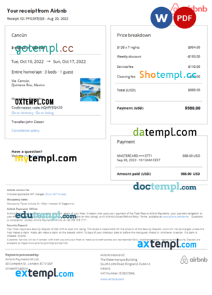 editable template, Mexico Airbnb booking confirmation Word and PDF template