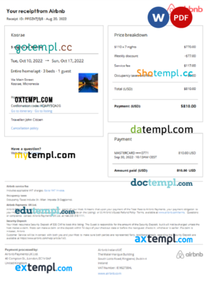 editable template, Micronesia Airbnb booking confirmation Word and PDF template