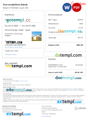 editable template, Mongolia Airbnb booking confirmation Word and PDF template