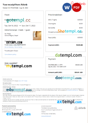 editable template, Nepal Airbnb booking confirmation Word and PDF template