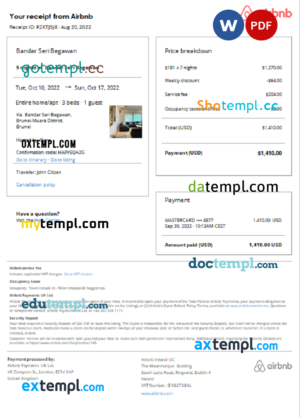 editable template, Brunei Airbnb booking confirmation Word and PDF template