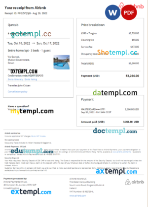 editable template, Oman Airbnb booking confirmation Word and PDF template