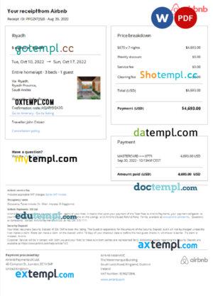 editable template, Saudi Arabia Airbnb booking confirmation Word and PDF template