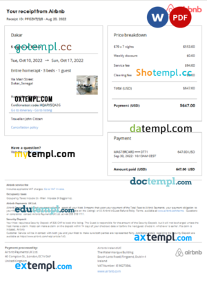 editable template, Senegal Airbnb booking confirmation Word and PDF template