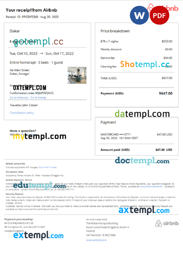 editable template, Senegal Airbnb booking confirmation Word and PDF template