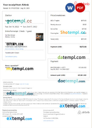 editable template, Serbia Airbnb booking confirmation Word and PDF template