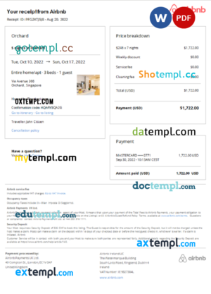 editable template, Singapore Airbnb booking confirmation Word and PDF template