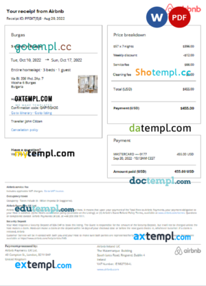 editable template, Bulgaria Airbnb booking confirmation Word and PDF template