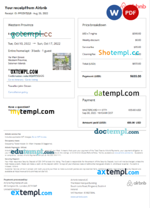 editable template, Solomon Islands Airbnb booking confirmation Word and PDF template