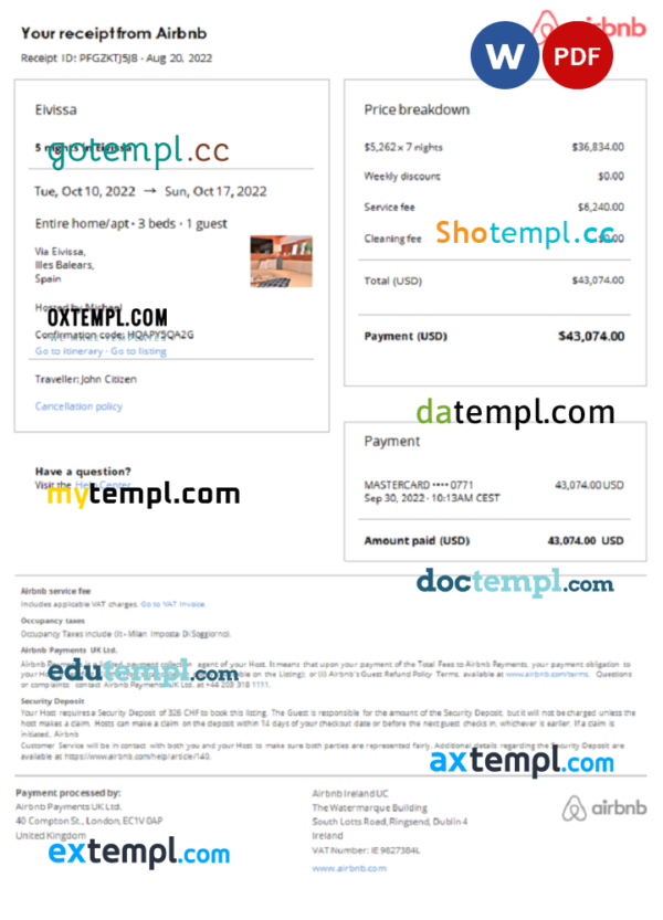 editable template, Spain Airbnb booking confirmation Word and PDF template