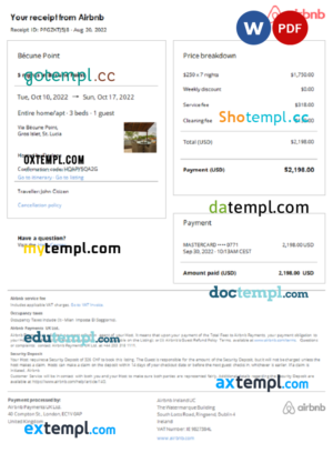 editable template, St. Lucia Airbnb booking confirmation Word and PDF template