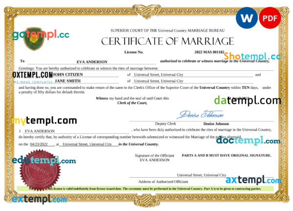 editable template, # grace universal marriage certificate Word and PDF template, completely editable
