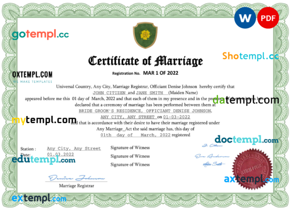 editable template, # fancy universal marriage certificate Word and PDF template, fully editable