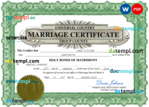 editable template, # lush design universal marriage certificate Word and PDF template, fully editable
