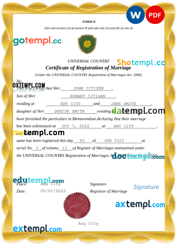 editable template, # dreams universal marriage certificate Word and PDF template, completely editable