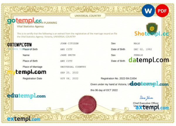editable template, # acute project universal marriage certificate Word and PDF template, fully editable