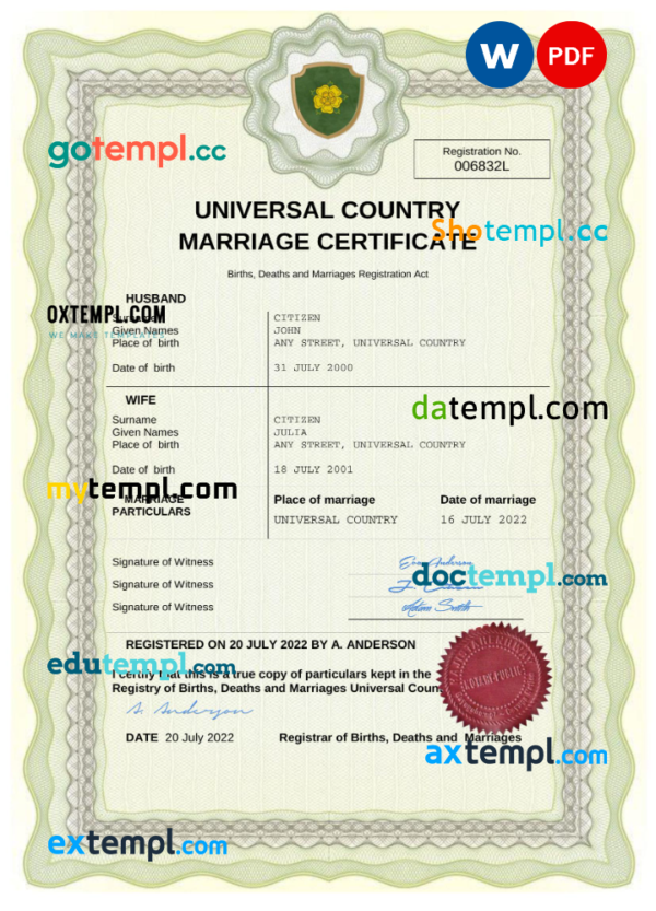 editable template, # comfort universal marriage certificate Word and PDF template, fully editable