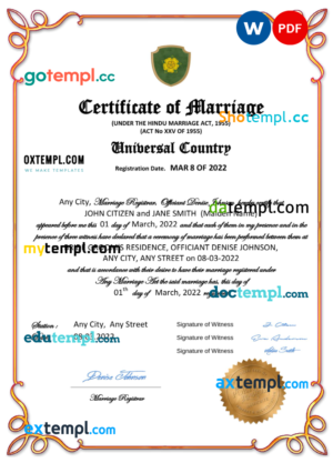 editable template, # gloss universal marriage certificate Word and PDF template, fully editable